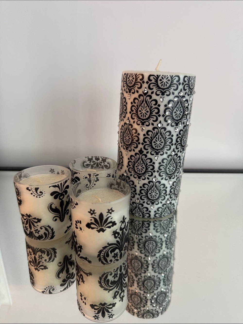 Decorative Black and White Damask Patterned Pillar and Votive Candle Set